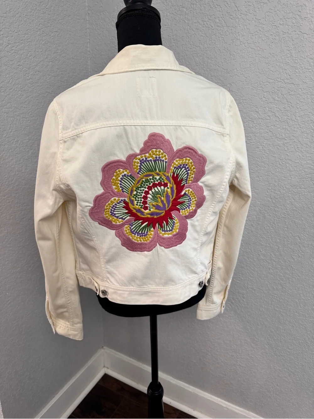 Vintage Lucky Brand Cream Denim Jacket with Pink & Multi-Color Floral Embroidery